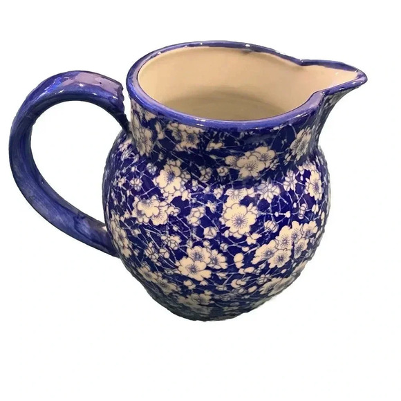 Vintage Victoria Ware Ironstone Pitcher Calico Blue White Floral Flow Blue 6in - Picture 8 of 10